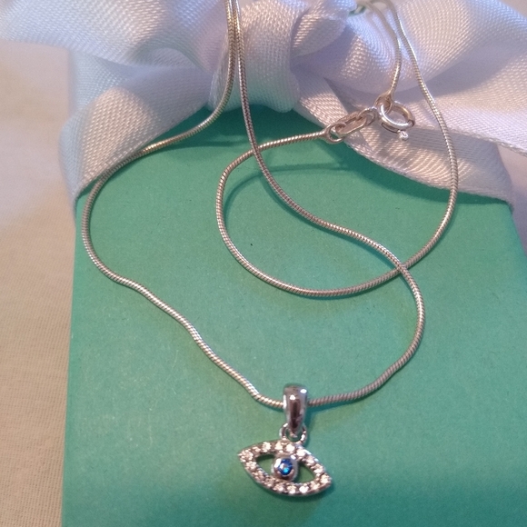 Sterling Silver Evil Eye Blue CZ Necklace 925 - Picture 1 of 4